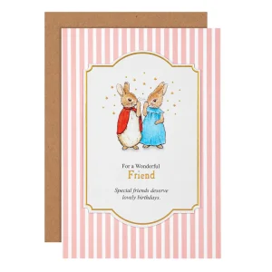 Send a card to celebrate your special friend's special birthday, with this fun Birthday card from Hallmark's exclusive Peter Rabbit™ range. The perfect way of sending all your love and thanks as your celebrate the day they deserve. Printed on high-quality textured board, this card features Beatrix Potter's rabbit characters, a 3D-effect die-cut attachment, gold foil details and embossed elements. This card comes complete with a co-ordinating Hallmark branded, brown Kraft envelope. This card is fully recyclable, and made of material from well-managed, FSC®-certified forests and other controlled sources. Message On Front Reads: For a Wonderful Friend. Special friends deserve lovely birthdays. Message Inside Reads: With love and thanks for being you. Happy Birthday Cards Measures: H17.3cm by W11.9cm. Within UK 'Letter' Postage Size Limits.